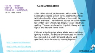 Cued ArticulationTELL ME - I FORGET
SHOW ME - I REMEMBER
INVOLVE ME - I UNDERSTAND.
~ANCIENT CHINESE PROVERB
All of the 49 sounds, or phonemes, which make up the
English phonological system have a separate hand sign
which is related to where and how in the mouth the
sounds are made. The consonant sounds are colour coded
for written work which helps decipher words with tricky
spelling. The cues are based on linguistic theory and are
logical and easy and fun to learn.
CA is not a sign language where whole words and finger
spelling are used, nor should it be confused with Cued
Speech which is a totally different scheme used
specifically with the severely hearing impaired.
http://cuedarticulation.com/
http://youtu.be/EGvXxvBzLTg
http://www.stasspublications.co.uk/publications/cued-articulation Language Therapy Ltd
www.language-therapy.co.uk
 