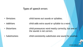 Types of speech errors
• Omissions child leaves out sounds or syllables.
• Additions child adds extra sound or syllable to a word.
• Distortions child pronounces word mostly correctly, but one of
the sounds is not correct.
• Substitutions child consistently substitutes one sound for another.
Language Therapy Ltd
www.language-therapy.co.uk
 