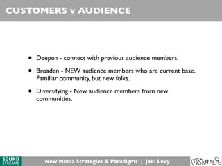 New Media Strategies & Paradigms | Jaki Levy
• Deepen - connect with previous audience members.
• Broaden - NEW audience members who are current base.
Familiar community, but new folks.
• Diversifying - New audience members from new
communities.
CUSTOMERS v AUDIENCE
 