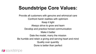 Soundstripe Core Values:
Provide all customers with genuine and whimsical care
Confront harsh realities with optimism
Keep it light
Always strive to grow and learn
Develop and practice honest communication
Make it better
Date the model, marry the mission
Be humble and retain a giving and serving heart and mind
Quality over quantity
Done is better than perfect
 