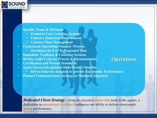Dedicated Client Strategy – from the executive leadership team to the agents, a
dedication to operational excellence enhances our ability to deliver consistently
strong performance.
• Specific Teams & Divisions
• Promotes Core Learning Systems
• Cohesive Dedicated Environments
• Custom Client Management
• Customized Operations Manual / Process
• Developed for EACH Program/Client
• Immediate Feedback & Coaching Sessions
• 90-Day Audit Cycle for Process & Documentation
• Certification and Process Standards
• Agent Scorecards updated Daily/Weekly/Monthly
• Drives behavior designed to provide Top Quality Performance
• Planned Communication Strategy to Maintain Alignment
Operations
 