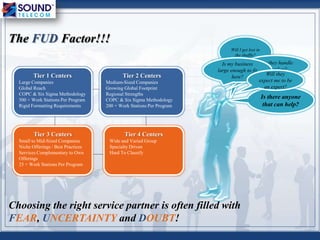 Will I get lost in
the shuffle?
Can they handle
my spikes?
Is there anyone
that can help?
The FUD Factor!!!
Is my business
large enough to fit
here?
Will they
expect me to be
an expert?
Tier 1 Centers
Large Companies
Global Reach
COPC & Six Sigma Methodology
500 + Work Stations Per Program
Rigid Formatting Requirements
Tier 2 Centers
Medium-Sized Companies
Growing Global Footprint
Regional Strengths
COPC & Six Sigma Methodology
200 + Work Stations Per Program
Tier 3 Centers
Small to Mid-Sized Companies
Niche Offerings / Best Practices
Services Complementary to Own
Offerings
25 + Work Stations Per Program
Tier 4 Centers
Wide and Varied Group
Specialty Driven
Hard To Classify
Choosing the right service partner is often filled with
FEAR, UNCERTAINTY and DOUBT!
 