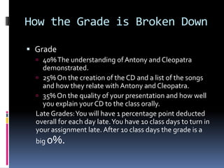 How the Grade is Broken DownGrade40% The understanding of Antony and Cleopatra demonstrated.25% On the creation of the CD and a list of the songs and how they relate with Antony and Cleopatra.35% On the quality of your presentation and how well you explain your CD to the class orally.Late Grades: You will have 1 percentage point deducted overall for each day late. You have 10 class days to turn in your assignment late. After 10 class days the grade is a big 0%. 