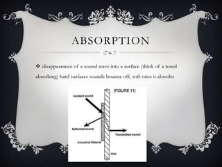 ABSORPTION

 disappearance of a sound wave into a surface (think of a towel
absorbing) hard surfaces sounds bounce off, soft ones it absorbs
 