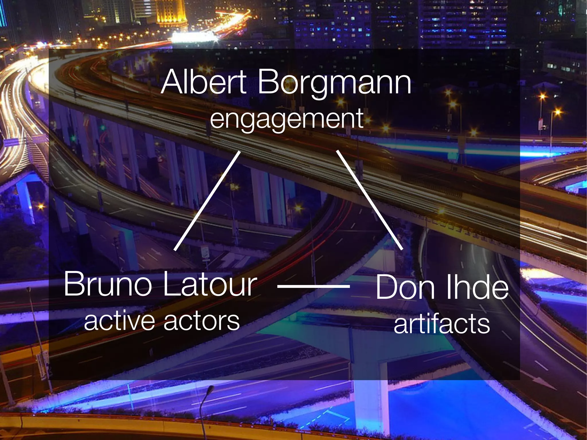 Albert Borgmann
           engagement




Bruno Latour            Don Ihde
 active actors           artifacts
 