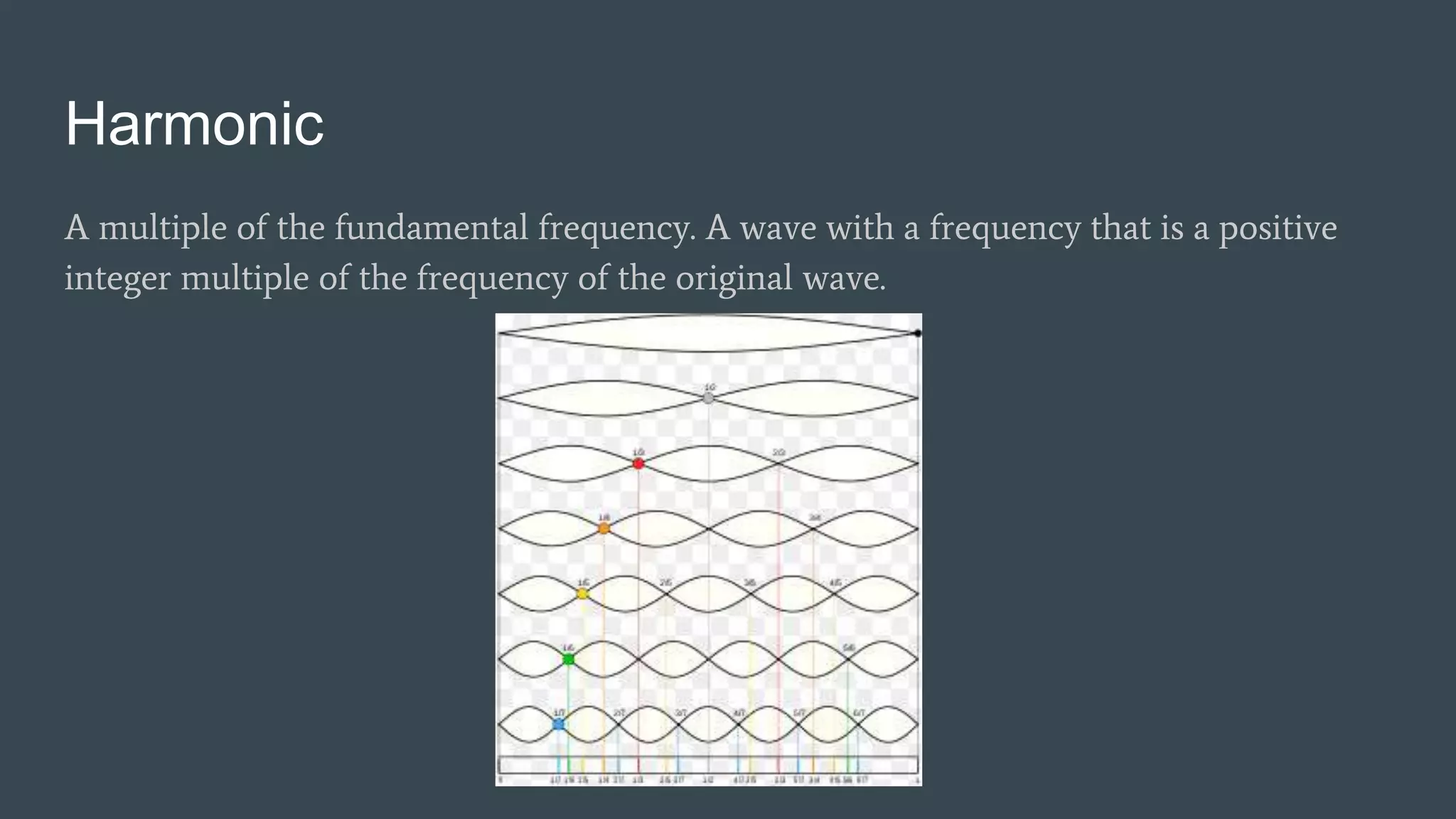 Harmonic
A multiple of the fundamental frequency. A wave with a frequency that is a positive
integer multiple of the frequency of the original wave.
 