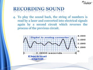 4. To play the sound back, the string of numbers is
read by a laser and converted into electrical signals
again by a second circuit which reverses the
process of the previous circuit.
 