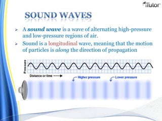  A sound wave is a wave of alternating high-pressure
and low-pressure regions of air.
 Sound is a longitudinal wave, meaning that the motion
of particles is along the direction of propagation
 