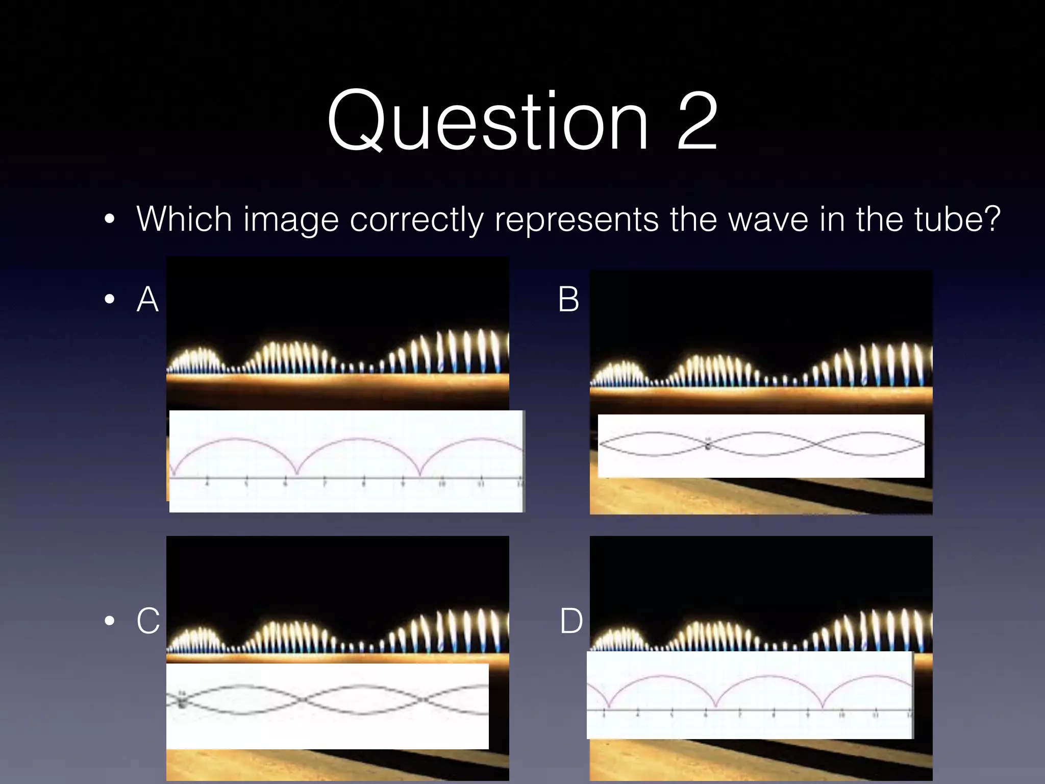 Question 2
• Which image correctly represents the wave in the tube?
• A B
• C D
 