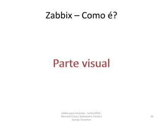 Zabbix – Como é?
36
Zabbix para iniciantes - Junho/2016 -
Werneck Costa / Halexandro Freitas /
Sansão Simonton
 