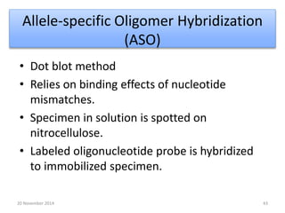Allele-specific Oligomer Hybridization 
(ASO) 
• Dot blot method 
• Relies on binding effects of nucleotide 
mismatches. 
• Specimen in solution is spotted on 
nitrocellulose. 
• Labeled oligonucleotide probe is hybridized 
to immobilized specimen. 
20 November 2014 43 
 