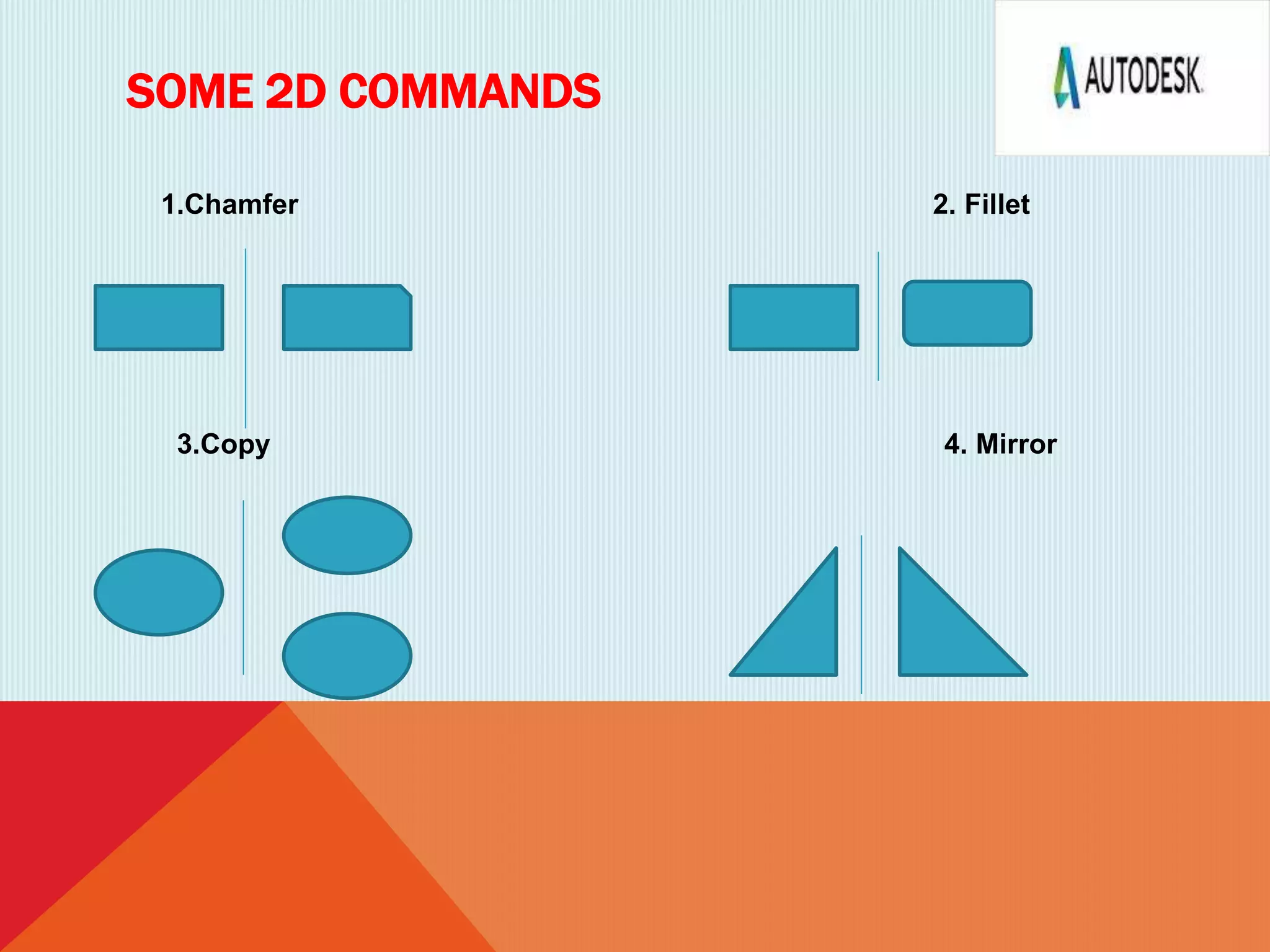 SOME 2D COMMANDS
1.Chamfer 2. Fillet
3.Copy 4. Mirror
 