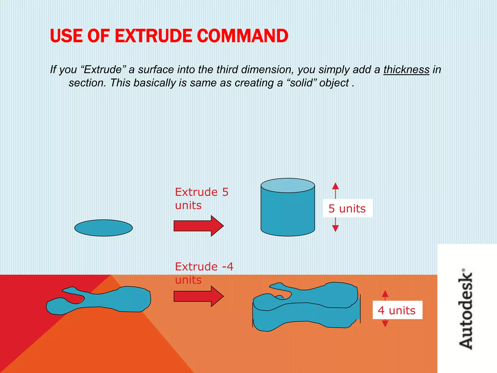 USE OF EXTRUDE COMMAND
If you “Extrude” a surface into the third dimension, you simply add a thickness in
section. This basically is same as creating a “solid” object .
Extrude 5
units 5 units
Extrude -4
units
4 units
 