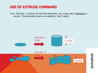USE OF EXTRUDE COMMAND
If you “Extrude” a surface into the third dimension, you simply add a thickness in
section. This basically is same as creating a “solid” object .
Extrude 5
units 5 units
Extrude -4
units
4 units
 