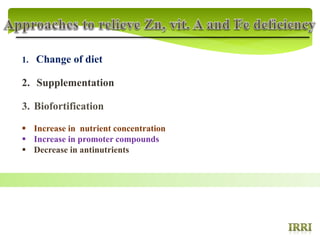 1. Change of diet
2. Supplementation
3. Biofortification
 Increase in nutrient concentration
 Increase in promoter compounds
 Decrease in antinutrients
 
