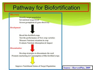 Discovery
Identify target population
Set nutrient target level
Screen germplasm & gene discovery
Development
Breed bio-fortified crops
Test the performance of New crop varieties
Measure Nutrient retention in crop
Evaluate Nutrient Absorption & Impact
Dissemination
Develop strategies to disseminate the seed
Promote marketing & Consumption of Bio-fortified crops
Improve Nutritional Status of Target Population
Pathway for Biofortification
Source : HarvestPlus, 2009
 