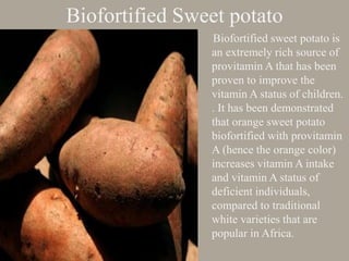 Biofortified sweet potato is
an extremely rich source of
provitamin A that has been
proven to improve the
vitamin A status of children.
. It has been demonstrated
that orange sweet potato
biofortified with provitamin
A (hence the orange color)
increases vitamin A intake
and vitamin A status of
deficient individuals,
compared to traditional
white varieties that are
popular in Africa.
Biofortified Sweet potato
 