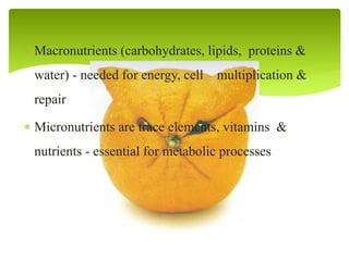  Macronutrients (carbohydrates, lipids, proteins &
water) - needed for energy, cell multiplication &
repair
 Micronutrients are trace elements, vitamins &
nutrients - essential for metabolic processes
 