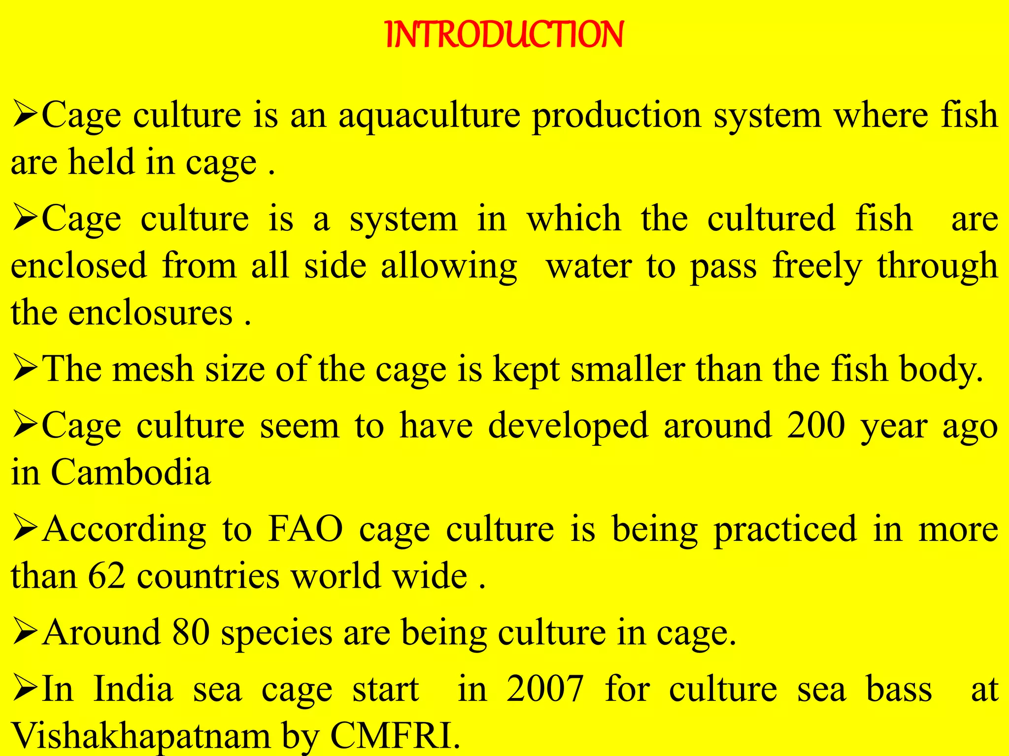 CAGE CULTURE OF FISH THEIR TREND,STATUS AND PRODUCTION | PPTX