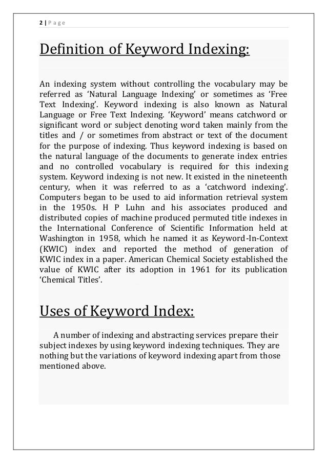 key word indexing and their types with example