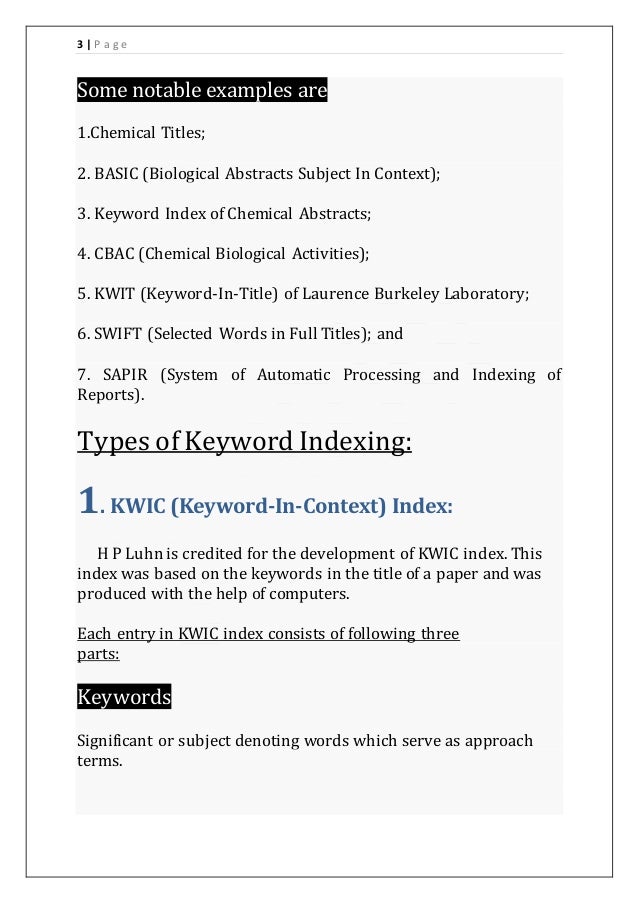 key word indexing and their types with example
