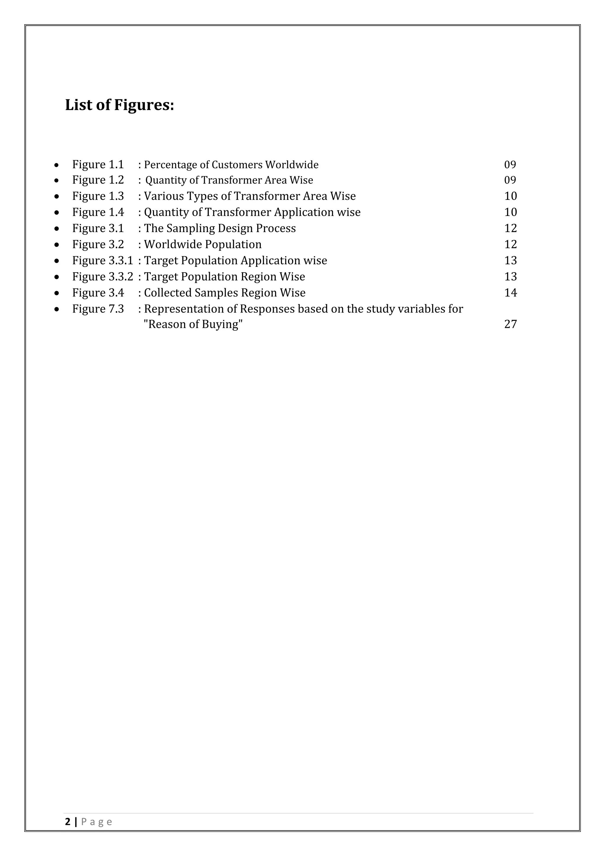 2 | P a g e
List of Figures:
 Figure 1.1 : Percentage of Customers Worldwide 09
 Figure 1.2 : Quantity of Transformer Area Wise 09
 Figure 1.3 : Various Types of Transformer Area Wise 10
 Figure 1.4 : Quantity of Transformer Application wise 10
 Figure 3.1 : The Sampling Design Process 12
 Figure 3.2 : Worldwide Population 12
 Figure 3.3.1 : Target Population Application wise 13
 Figure 3.3.2 : Target Population Region Wise 13
 Figure 3.4 : Collected Samples Region Wise 14
 Figure 7.3 : Representation of Responses based on the study variables for
"Reason of Buying" 27
 