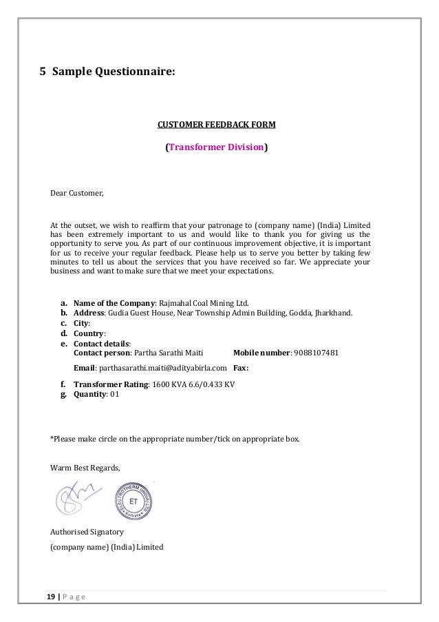 mba project sample internal customer satisfaction questionnaire