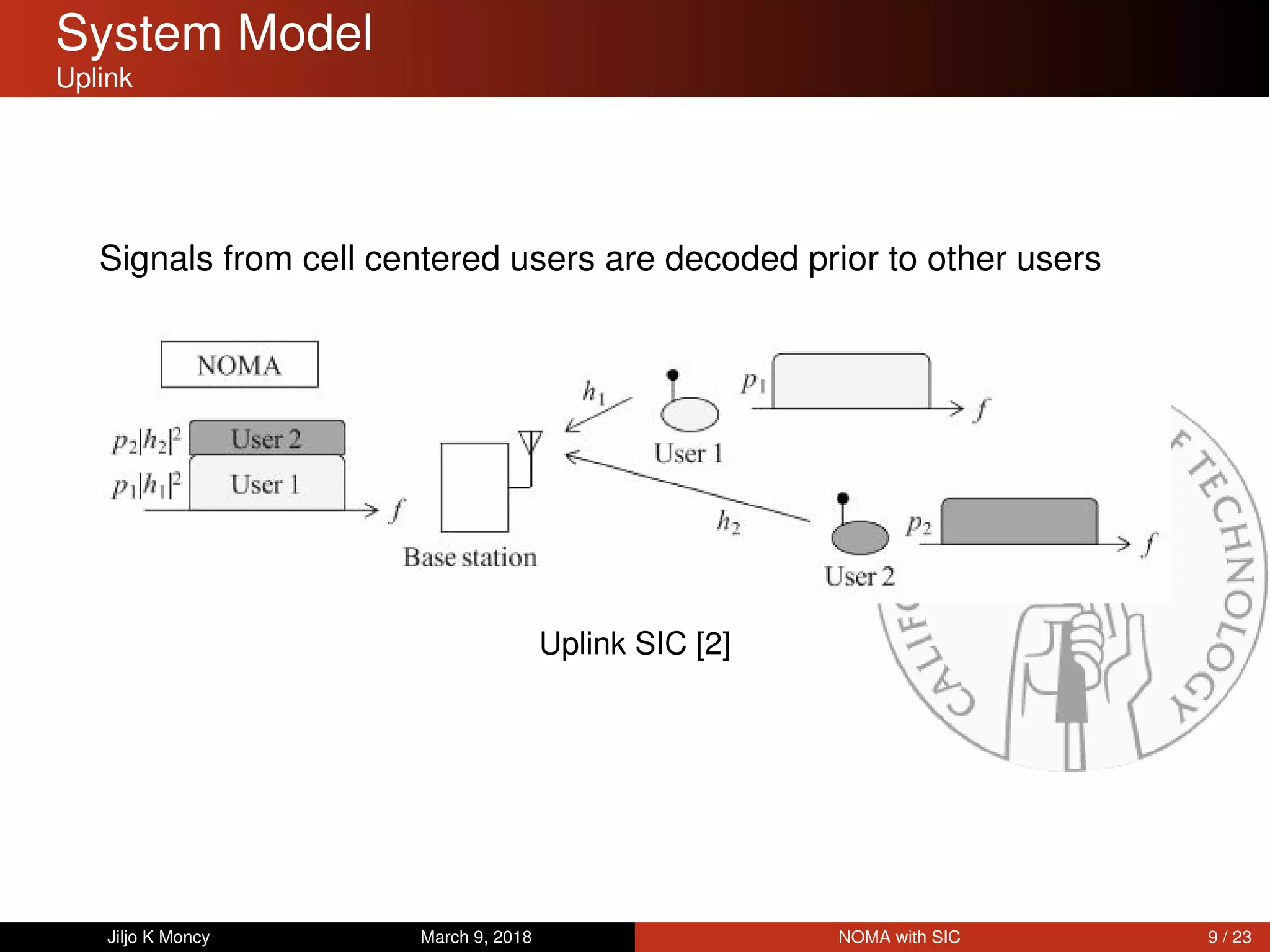 System Model
Uplink
Signals from cell centered users are decoded prior to other users
Uplink SIC [2]
Jiljo K Moncy March 9, 2018 NOMA with SIC 9 / 23
 