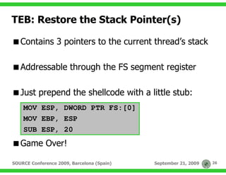 TEB: Restore the Stack Pointer(s)

   Contains 3 pointers to the current thread’s stack

   Addressable through the FS segment register

   Just prepend the shellcode with a little stub:
    MOV ESP, DWORD PTR FS:[0]
    MOV EBP, ESP
    SUB ESP, 20
   Game Over!

SOURCE Conference 2009, Barcelona (Spain)   September 21, 2009   26
 