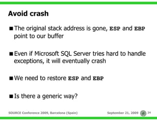 Avoid crash

   The original stack address is gone, ESP and EBP
   point to our buffer

   Even if Microsoft SQL Server tr...