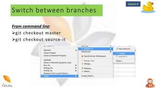 Switch between branches
From command line:
git checkout master
git checkout source-it
Source-it
 