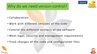 Why do we need version control?
• Collaboration
• Work with different versions of the code
• Control the different versions of the software
• Meet legal, security and management requirements
• Track changes of the code and configuration files
Source-it
 
