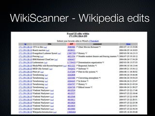 WikiScanner - Wikipedia edits
 
