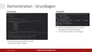 Demonstration - Grundlagen
Source to Image 11
• Aufbau des Dockerfiles für den Build-
Vorgang und die Bereitstellung
• Je nach Phase ändern sich Passagen
Simpler Webservice basierend auf GO
- Kompilierte Größe: 3,9 MB
Anwendung Dockerfile
 