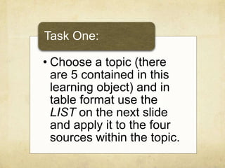 • Choose a topic (there
are 5 contained in this
learning object) and in
table format use the
LIST on the next slide
and apply it to the four
sources within the topic.
Task One:
 