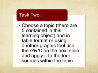 • Choose a topic (there are
5 contained in this
learning object) and in
table format or using
another graphic tool use
the GRID on the next slide
and apply it to the four
sources within the topic.
Task Two:
 