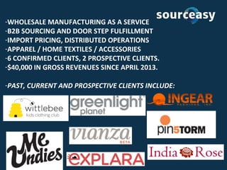 -WHOLESALE MANUFACTURING AS A SERVICE
-B2B SOURCING AND DOOR STEP FULFILLMENT
-IMPORT PRICING, DISTRIBUTED OPERATIONS
-APPAREL / HOME TEXTILES / ACCESSORIES
-8 CONFIRMED CLIENTS, 2 PROSPECTIVE CLIENTS.
-$52,400 IN GROSS REVENUES SINCE MARCH 2013.
-PAST, CURRENT & PROSPECTIVE CLIENTS INCLUDE:
 