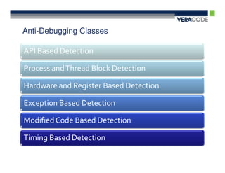 Anti-Debugging Classes

API Based Detection

Process and Thread Block Detection

Hardware and Register Based Detection

Exception Based Detection

Modified Code Based Detection

Timing Based Detection
 