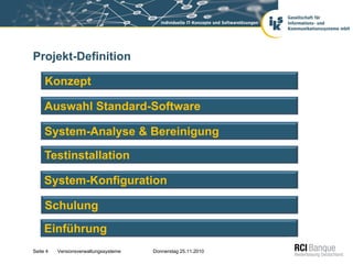 Projekt-Definition

     Konzept

     Auswahl Standard-Software

     System-Analyse & Bereinigung

     Testinstallation

     System-Konfiguration

     Schulung
     Einführung
Seite 4   Versionsverwaltungssysteme   Donnerstag 25.11.2010
 