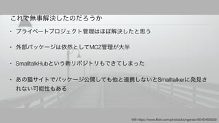 これで無事解決したのだろうか
• プライベートプロジェクト管理はほぼ解決したと思う
• 外部パッケージは依然としてMCZ管理が大半
• SmalltalkHubという新リポジトリもできてしまった
• あの猫サイトでパッケージ公開しても他と連携しないとSmalltalkerに発見さ
れない可能性もある
Will https://www.ﬂickr.com/photos/bongonian/8545465929/
 