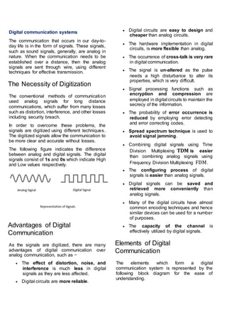 Digital communication systems
The communication that occurs in our day-to-
day life is in the form of signals. These signals,
such as sound signals, generally, are analog in
nature. When the communication needs to be
established over a distance, then the analog
signals are sent through wire, using different
techniques for effective transmission.
The Necessity of Digitization
The conventional methods of communication
used analog signals for long distance
communications, which suffer from many losses
such as distortion, interference, and other losses
including security breach.
In order to overcome these problems, the
signals are digitized using different techniques.
The digitized signals allow the communication to
be more clear and accurate without losses.
The following figure indicates the difference
between analog and digital signals. The digital
signals consist of 1s and 0s which indicate High
and Low values respectively.
Advantages of Digital
Communication
As the signals are digitized, there are many
advantages of digital communication over
analog communication, such as −
 The effect of distortion, noise, and
interference is much less in digital
signals as they are less affected.
 Digital circuits are more reliable.
 Digital circuits are easy to design and
cheaper than analog circuits.
 The hardware implementation in digital
circuits, is more flexible than analog.
 The occurrence of cross-talk is very rare
in digital communication.
 The signal is un-altered as the pulse
needs a high disturbance to alter its
properties, which is very difficult.
 Signal processing functions such as
encryption and compression are
employed in digital circuits to maintain the
secrecy of the information.
 The probability of error occurrence is
reduced by employing error detecting
and error correcting codes.
 Spread spectrum technique is used to
avoid signal jamming.
 Combining digital signals using Time
Division Multiplexing TDM is easier
than combining analog signals using
Frequency Division Multiplexing FDM.
 The configuring process of digital
signals is easier than analog signals.
 Digital signals can be saved and
retrieved more conveniently than
analog signals.
 Many of the digital circuits have almost
common encoding techniques and hence
similar devices can be used for a number
of purposes.
 The capacity of the channel is
effectively utilized by digital signals.
Elements of Digital
Communication
The elements which form a digital
communication system is represented by the
following block diagram for the ease of
understanding.
 