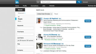 (Al OR Aameri OR almheiri OR Ameri OR Amri OR Ansari OR
Baloushi OR Falasi OR Fardan OR Futaim OR Hammadi OR
Hashimi OR Ketbi OR Khoori OR Maktoom OR Maktoum OR
Mansouri OR Mansoury OR Marri OR Marzouqi OR Mazouei
OR Mualla OR Muhairi OR Nahyan OR Nahyan OR Nahyan OR
Naqbi OR Nuaimi OR Qasimi OR Qasimi OR Qassimi OR
Qubaisi OR Redwan OR Shamsi OR Suwaidi)
Most popular Emirati last names:
 