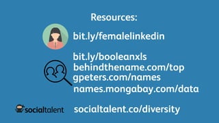 Resources:
bit.ly/femalelinkedin
behindthename.com/top
gpeters.com/names
names.mongabay.com/data
socialtalent.co/diversity
bit.ly/booleanxls
 