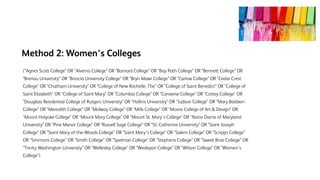 Method 2: Women’s Colleges
("Agnes Scott College" OR "Alverno College" OR "Barnard College" OR "Bay Path College" OR "Bennett College" OR
"Brenau University" OR "Brescia University College" OR "Bryn Mawr College" OR "Carlow College" OR "Cedar Crest
College" OR "Chatham University" OR "College of New Rochelle, The" OR "College of Saint Benedict" OR "College of
Saint Elizabeth" OR "College of Saint Mary" OR "Columbia College" OR "Converse College" OR "Cottey College" OR
"Douglass Residential College of Rutgers University" OR "Hollins University" OR "Judson College" OR "Mary Baldwin
College" OR "Meredith College" OR "Midway College" OR "Mills College" OR "Moore College of Art & Design" OR
"Mount Holyoke College" OR "Mount Mary College" OR "Mount St. Mary’s College" OR "Notre Dame of Maryland
University" OR "Pine Manor College" OR "Russell Sage College" OR "St. Catherine University" OR "Saint Joseph
College" OR "Saint Mary-of-the-Woods College" OR "Saint Mary’s College" OR "Salem College" OR "Scripps College"
OR "Simmons College" OR "Smith College" OR "Spelman College" OR "Stephens College" OR "Sweet Briar College" OR
"Trinity Washington University" OR "Wellesley College" OR "Wesleyan College" OR "Wilson College" OR "Women’s
College")
 