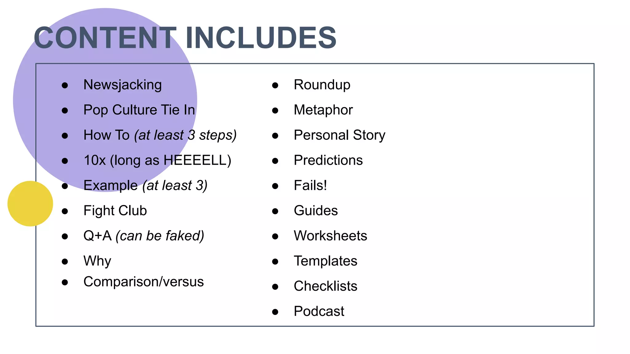 CONTENT INCLUDES
● Newsjacking
● Pop Culture Tie In
● How To (at least 3
steps)
● 10x (long as HEEEELL)
● Example (at least 3)
● Fight Club
● Q+A (can be faked)
● Why
● Comparison/versus
● Roundup
● Metaphor
● Personal Story
● Predictions
● Fails!
● Guides
● Worksheets
● Templates
● Checklists
● Podcast
 