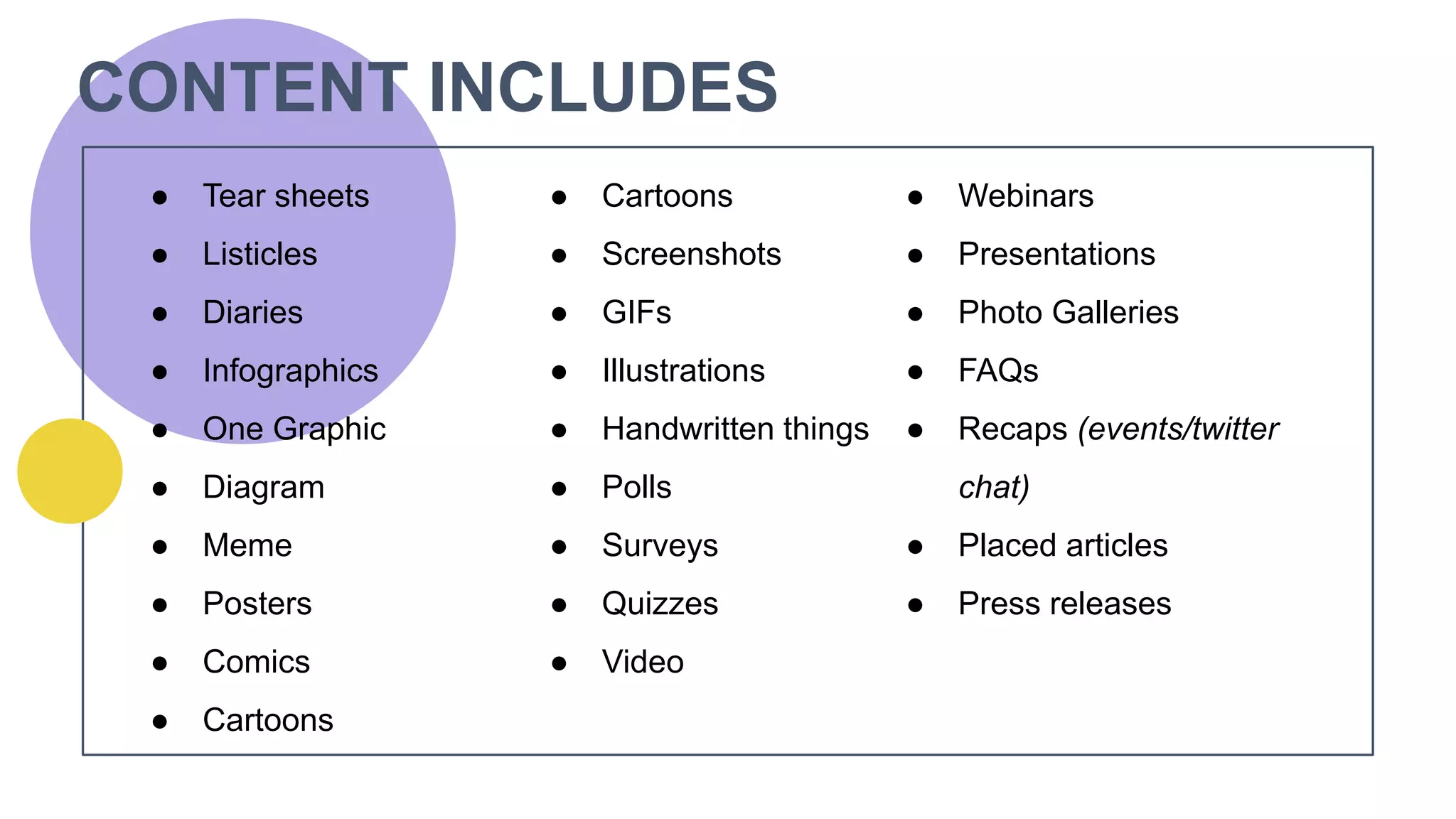 CONTENT INCLUDES
● Tear sheets
● Listicles
● Diaries
● Infographics
● One Graphic
● Diagram
● Meme
● Posters
● Comics
● Cartoons
● Webinars
● Presentations
● Photo Galleries
● FAQs
● Recaps (events/twitter
chat)
● Placed articles
● Press releases
● Cartoons
● Screenshots
● GIFs
● Illustrations
● Handwritten things
● Polls
● Surveys
● Quizzes
● Video
 