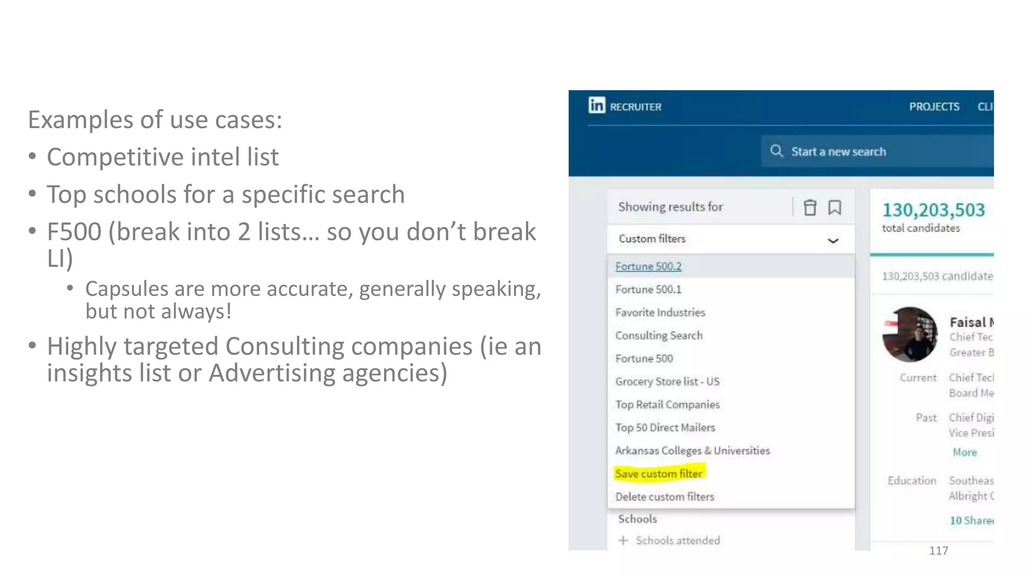 117
Techniques to reveal more of the
Dark Matter
Glen Cathey’s Presentation: http://booleanblackbelt.com/2016/01/the-most-powerful-boolean-search-operator/
Corresponding deck: http://www.slideshare.net/linkedin-talent-solutions/become-a-ninja-recruiter-advanced-boolean-search-talent-connect-london-2014
Image: from ESA based on research by Richard Massey from CalTech
Glen Cathey’s LI Search Tactics:
1. Keyword/Title Search
2. Conceptual Search
3. Implicit Search
4. Natural Language/Semantic
Search
5. Indirect Search
 