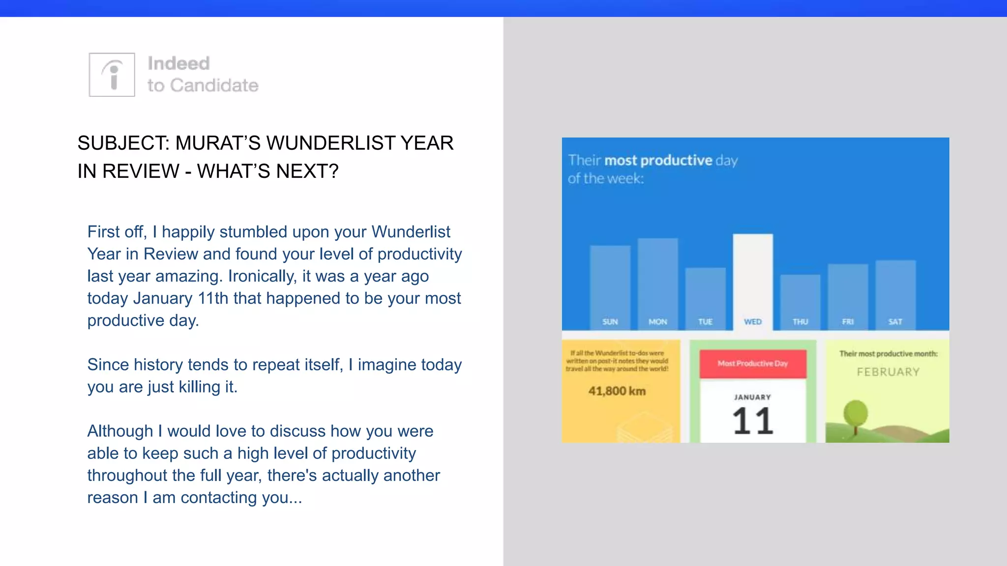 First off, I happily stumbled upon your Wunderlist
Year in Review and found your level of productivity
last year amazing. Ironically, it was a year ago
today January 11th that happened to be your most
productive day.
Since history tends to repeat itself, I imagine today
you are just killing it.
Although I would love to discuss how you were
able to keep such a high level of productivity
throughout the full year, there's actually another
reason I am contacting you...
SUBJECT: MURAT’S
WUNDERLIST YEAR IN REVIEW -
WHAT’S NEXT?
 