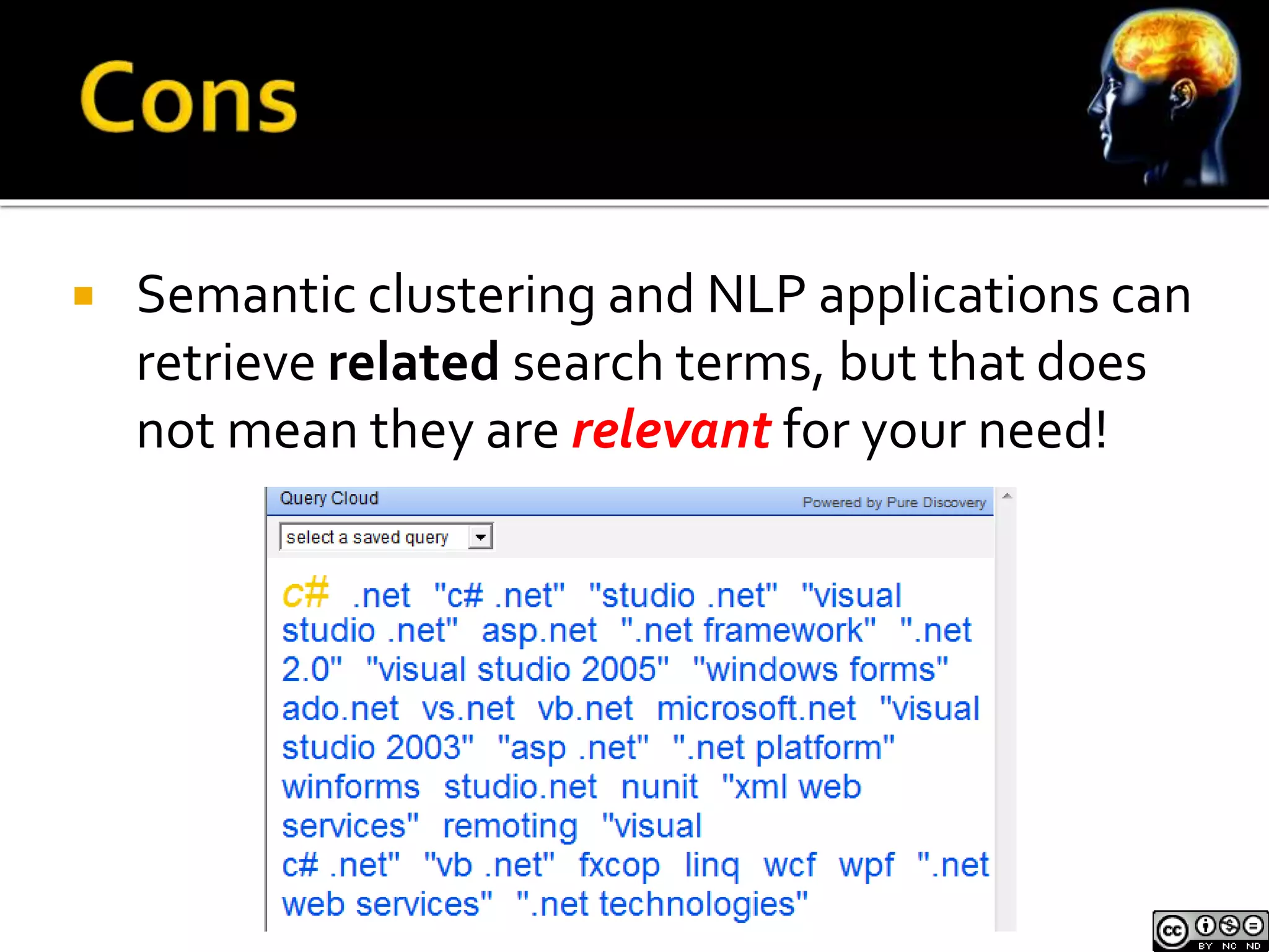  Semantic clustering and NLP applications can 
retrieve related search terms, but that does 
not mean they are relevant for your need! 
 
