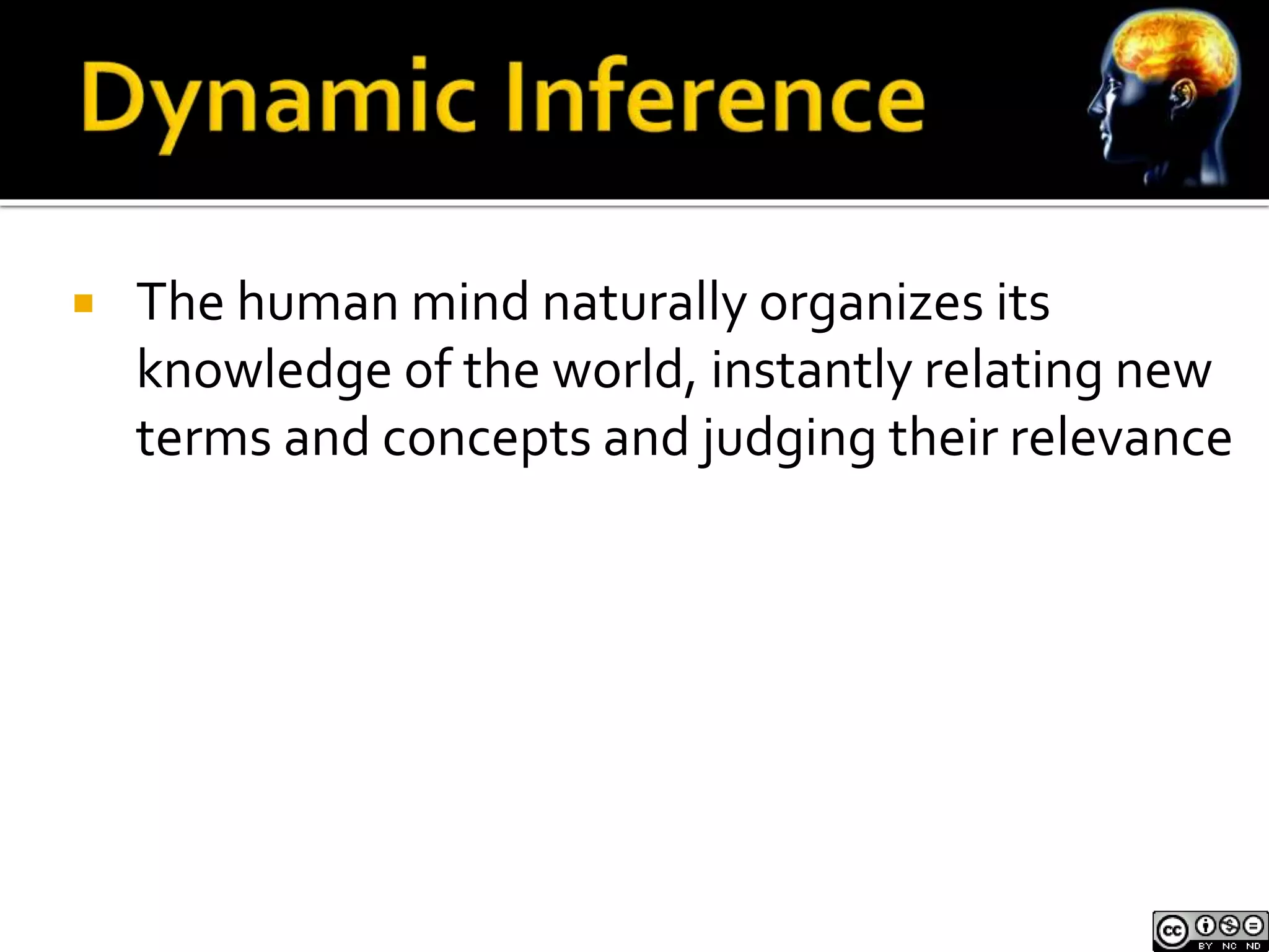  The human mind naturally organizes its 
knowledge of the world, instantly relating new 
terms and concepts and judging their relevance 
 